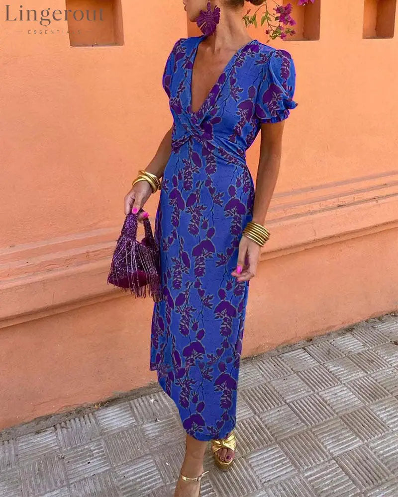Elegant leaf print deep V puff sleeve A-line dress