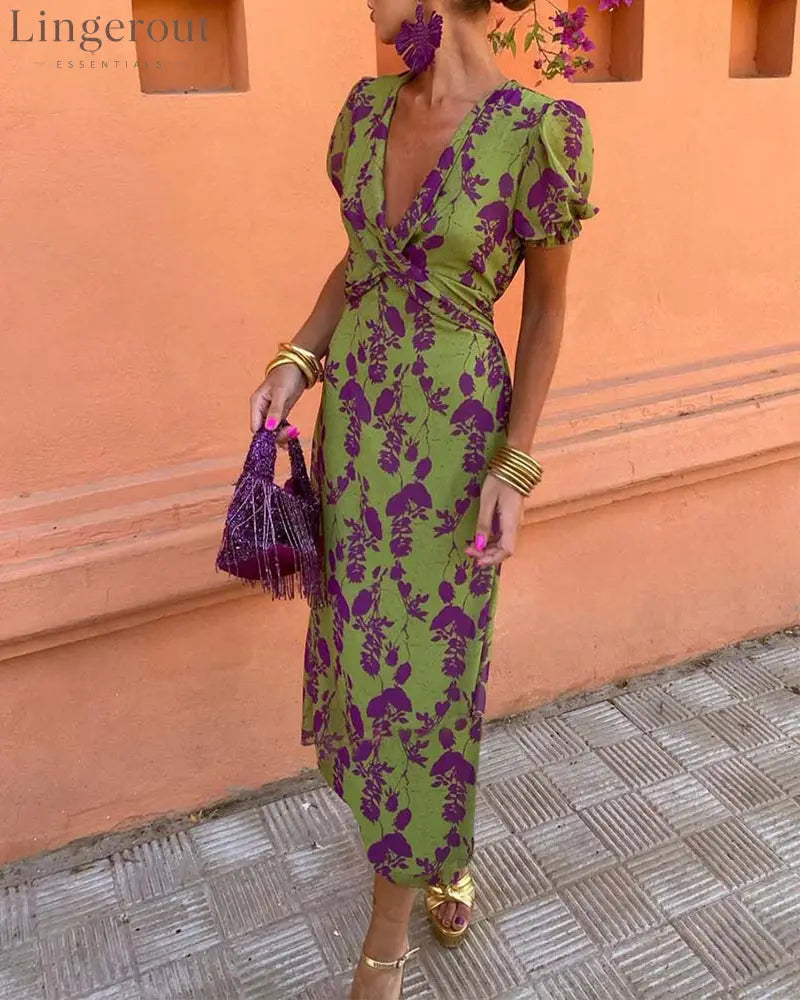 Elegant leaf print deep V puff sleeve A-line dress - Green / UK8 (S)