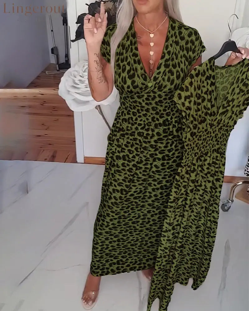 Elegant Leopard Print V-Neck Dress