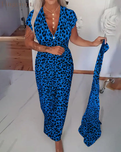 Elegant Leopard Print V-Neck Dress
