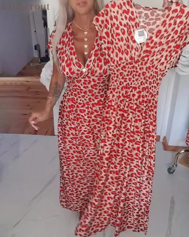Elegant Leopard Print V-Neck Dress - Red / S