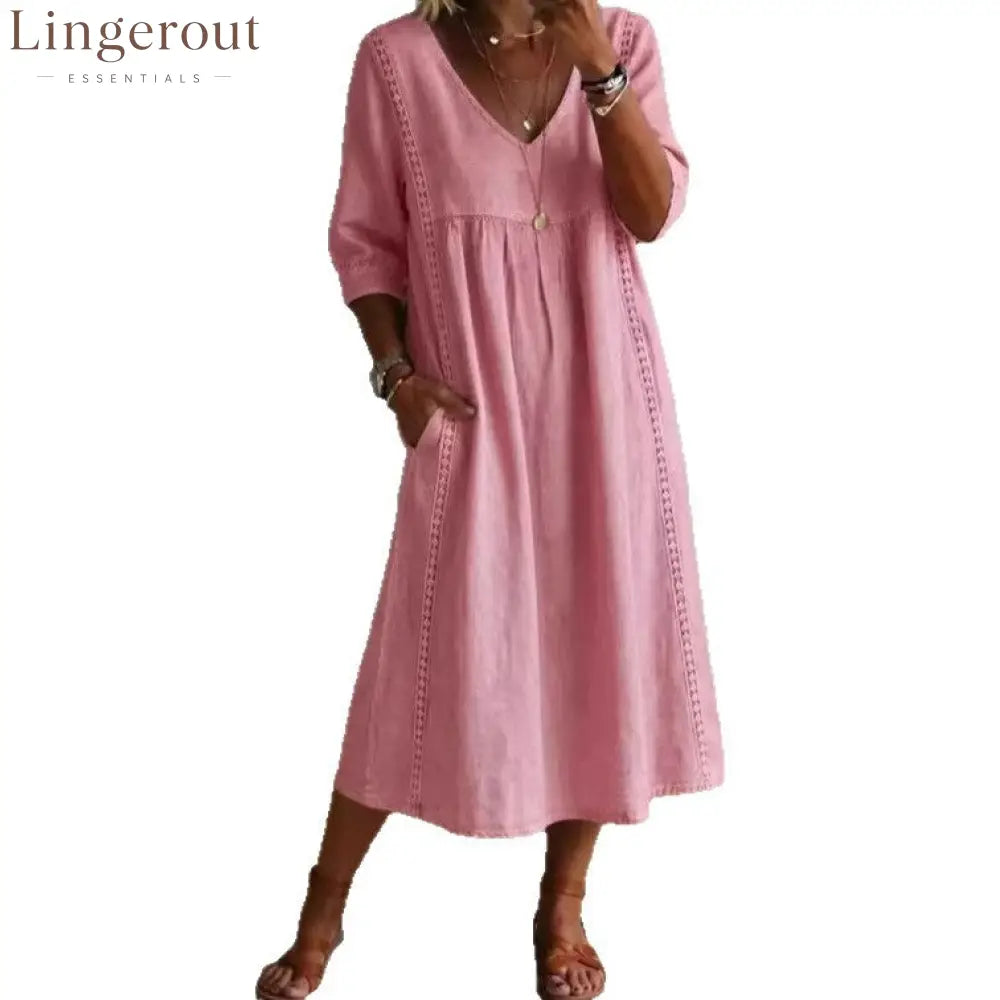 Elegant Linen-Blend V-Neck Midi Dress with Lace Inserts & Pockets | Casual Summer Dress for Women