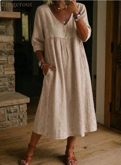 Elegant Linen-Blend V-Neck Midi Dress with Lace Inserts & Pockets | Casual Summer Dress for Women - Color / S