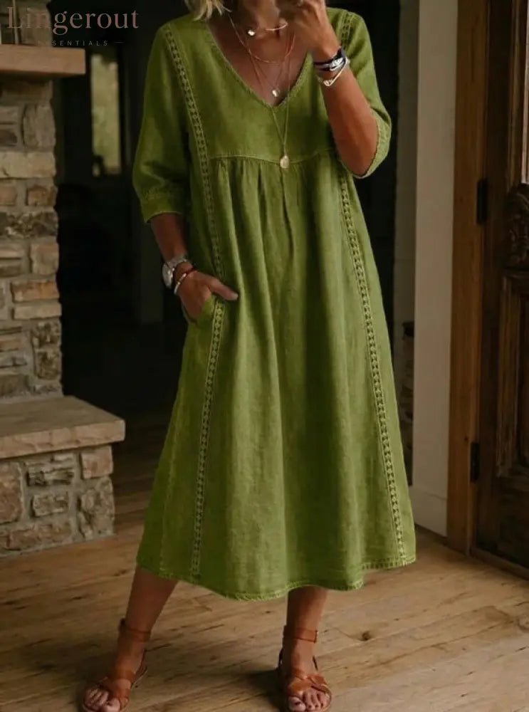 Elegant Linen-Blend V-Neck Midi Dress with Lace Inserts & Pockets | Casual Summer Dress for Women - Olive color / S