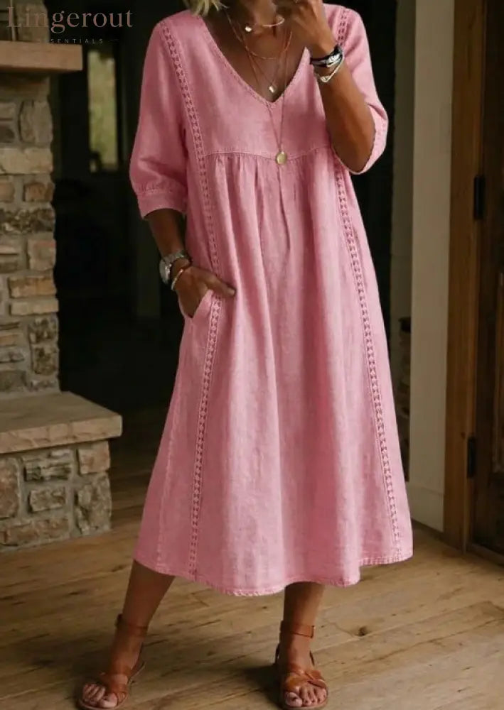 Elegant Linen-Blend V-Neck Midi Dress with Lace Inserts & Pockets | Casual Summer Dress for Women - Pink / S
