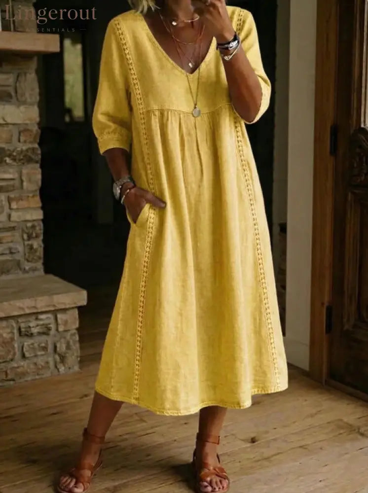 Elegant Linen-Blend V-Neck Midi Dress with Lace Inserts & Pockets | Casual Summer Dress for Women - Yellow / S