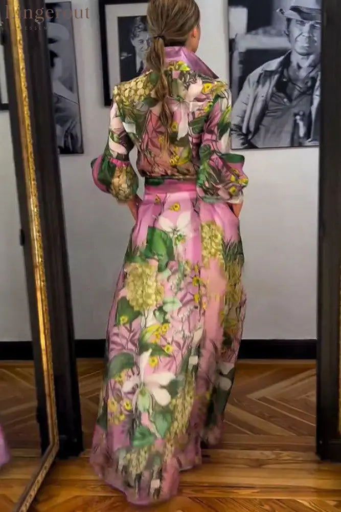 Elegant Long Sleeve Pink Maxi Dress
