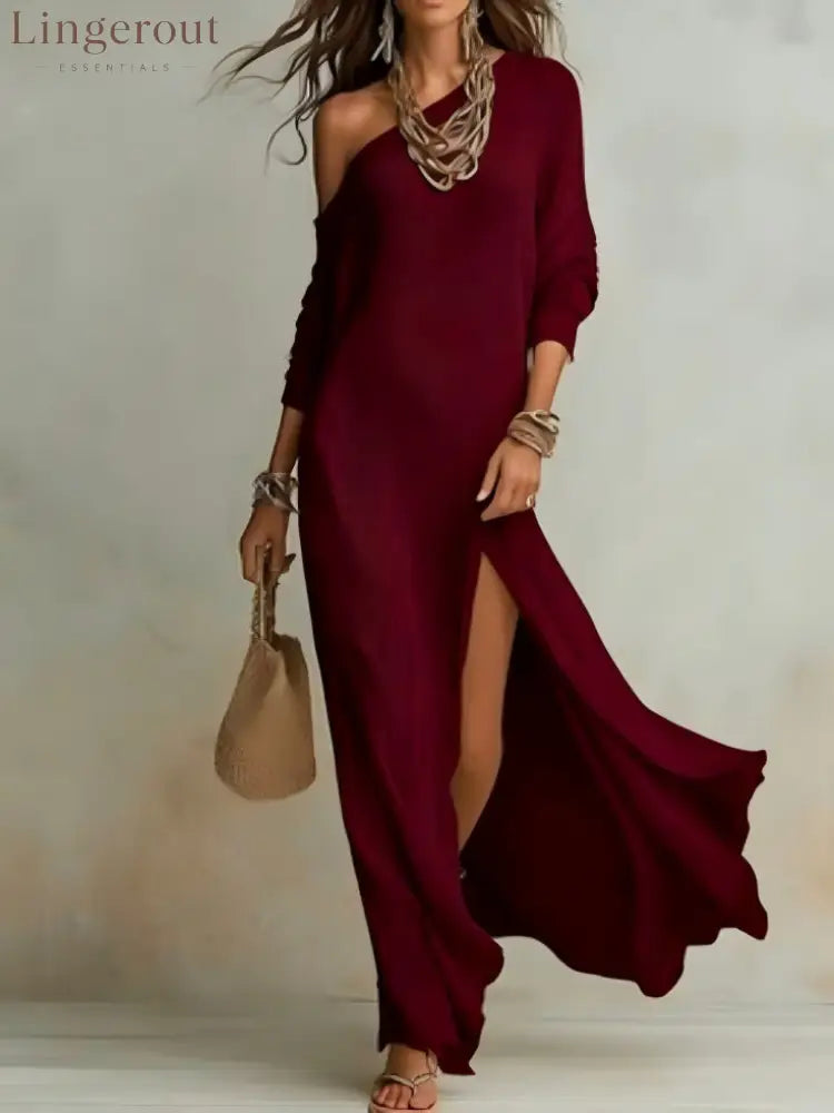 Elegant Long-Sleeved Knitted Pleated Slit Women’S Dress - Burgundy / S