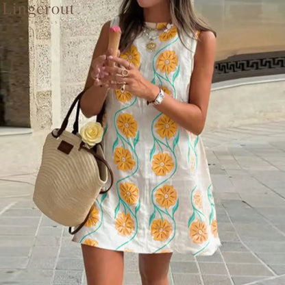 Elegant O-neck Sleeveless Loose Mini Dress 2025 Women Fashion Flower Print Holiday Party Dress Summer Casual Bohemian