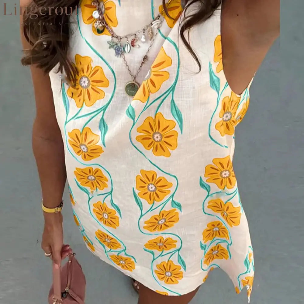 Elegant O-neck Sleeveless Loose Mini Dress 2025 Women Fashion Flower Print Holiday Party Dress Summer Casual Bohemian