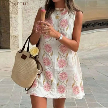 Elegant O-neck Sleeveless Loose Mini Dress 2025 Women Fashion Flower Print Holiday Party Dress Summer Casual Bohemian