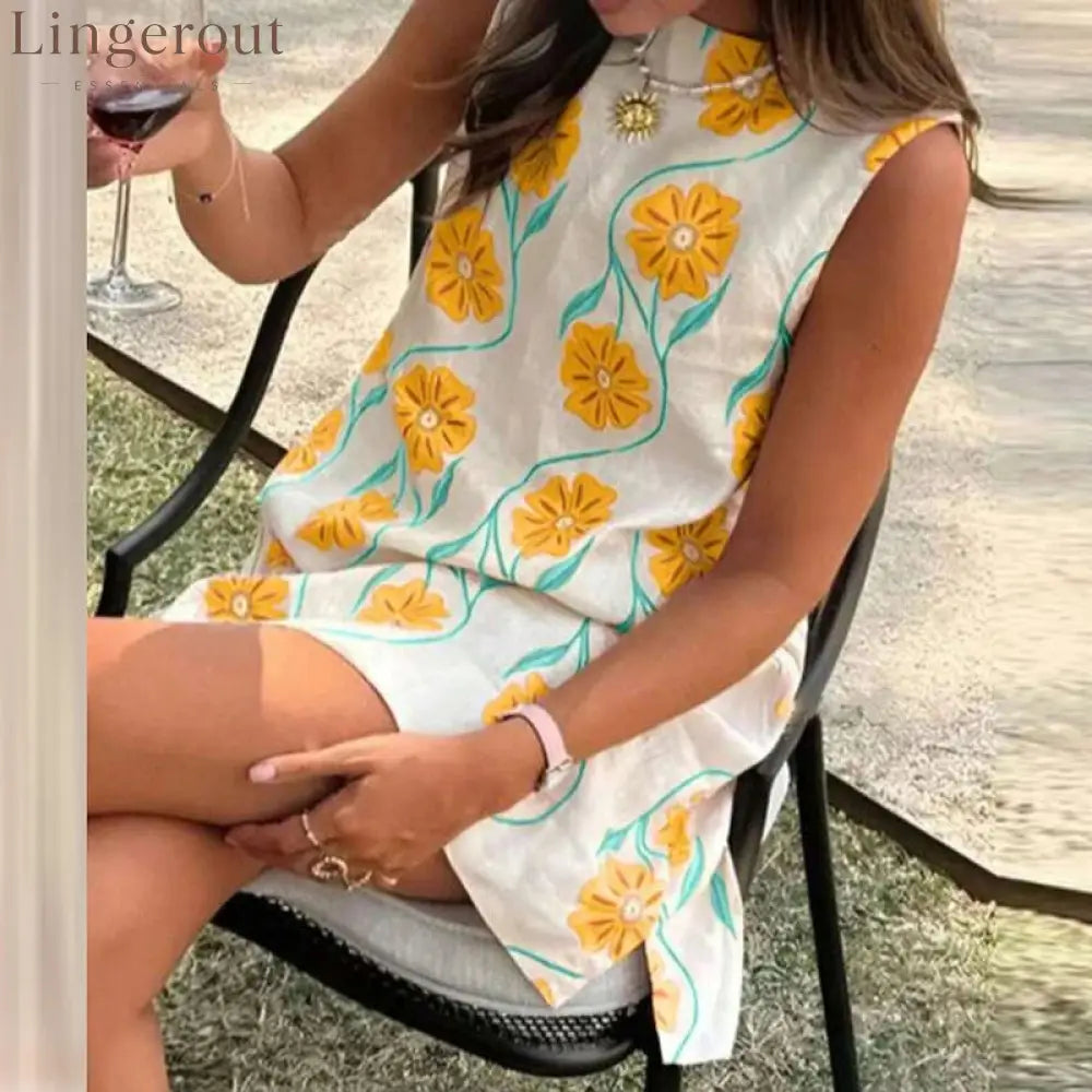 Elegant O-neck Sleeveless Loose Mini Dress 2025 Women Fashion Flower Print Holiday Party Dress Summer Casual Bohemian