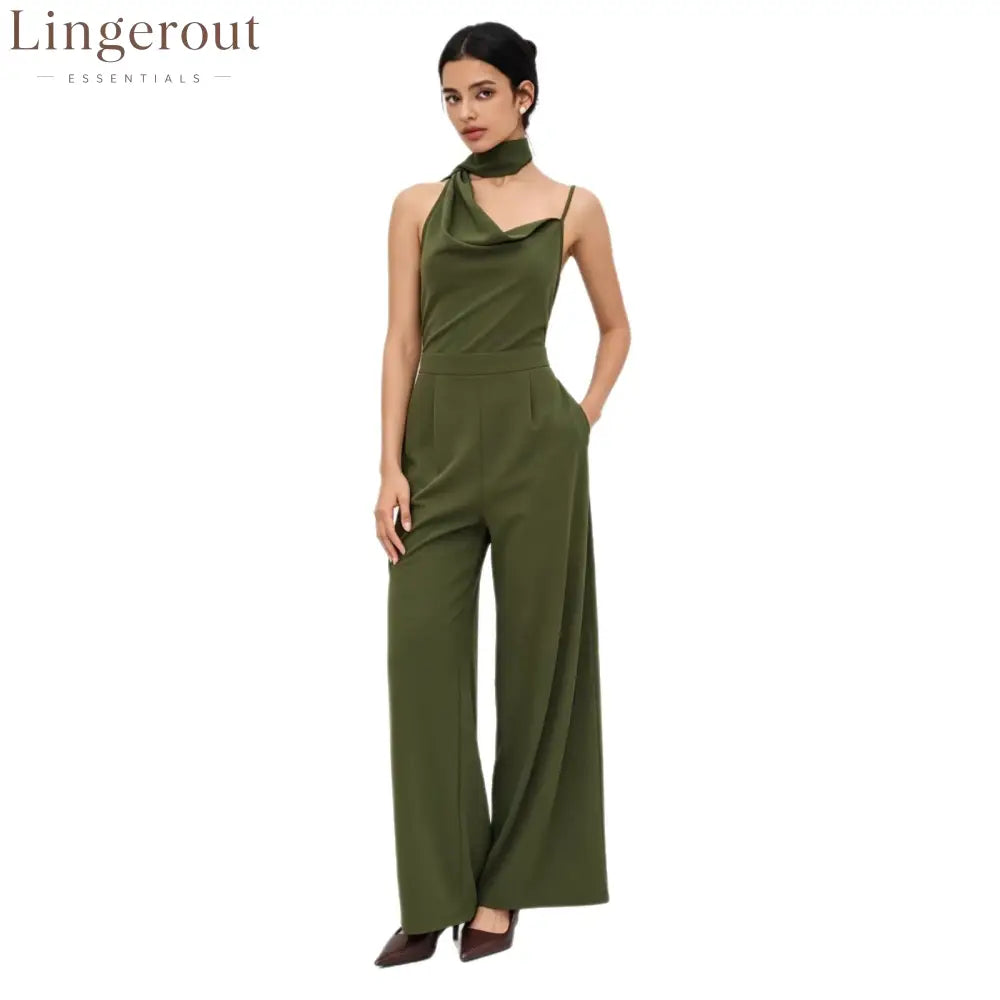 Elegant Olive Green Halter Wide-Leg Jumpsuit