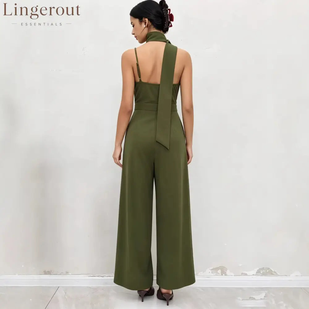 Elegant Olive Green Halter Wide-Leg Jumpsuit