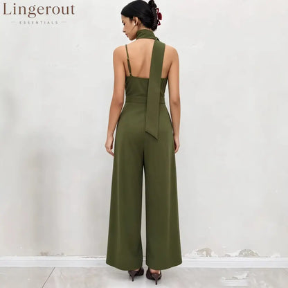 Elegant Olive Green Halter Wide-Leg Jumpsuit