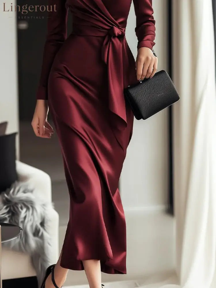 Elegant Plain Cross Neck Midi Dress With Belt