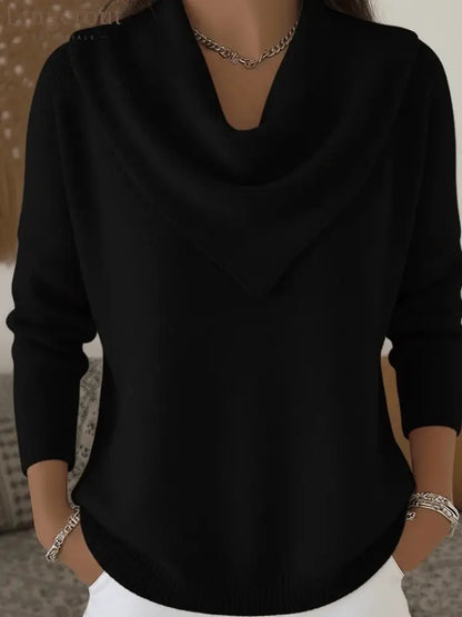 Elegant Retro Soft Triangle Neck Solid Color Sweater Top - Black / XS(US 2)