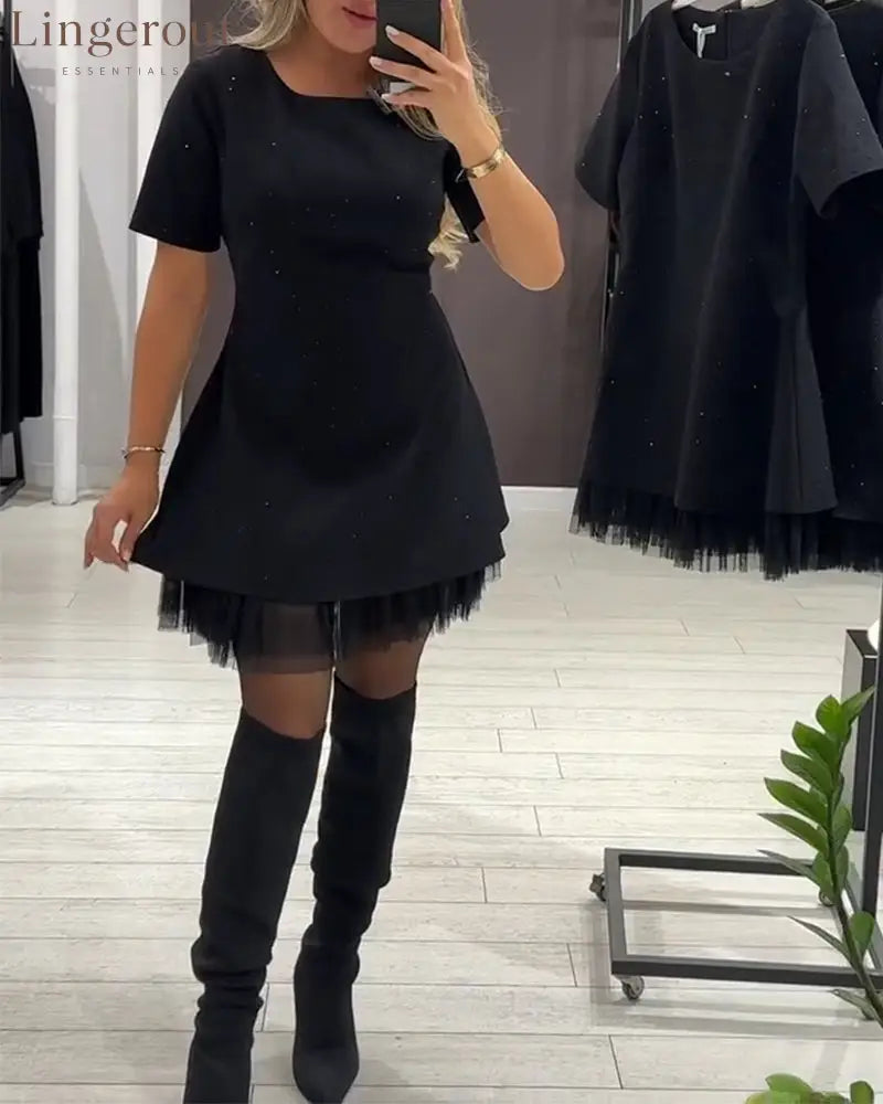 Elegant Shimmering Mesh Patchwork Dress - Black / S
