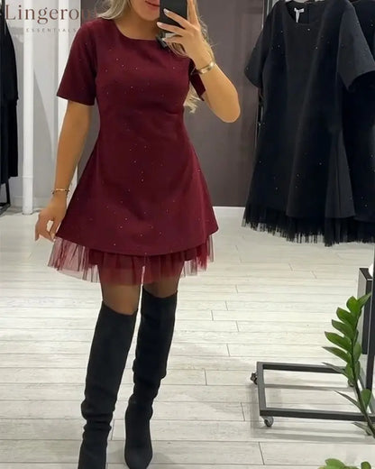 Elegant Shimmering Mesh Patchwork Dress - Burgundy / S