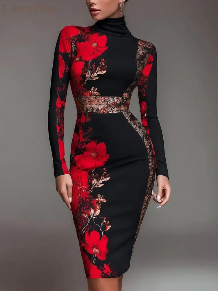 Elegant Stand Collar Jersey Midi Dress Long Sleeve - Red / S
