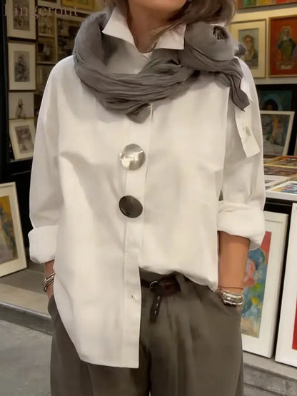 Elegant Stand-collar Metal Buttons Cotton Linen Blouse