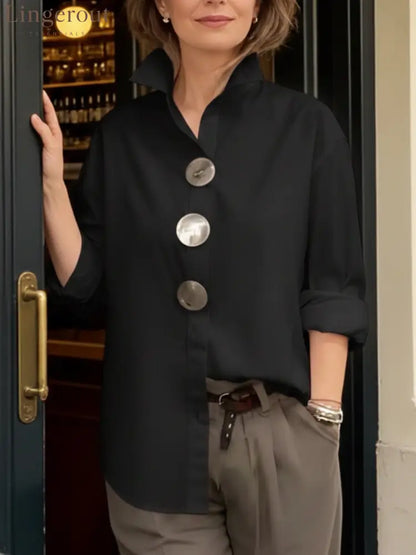 Elegant Stand-collar Metal Buttons Cotton Linen Blouse - Black / S