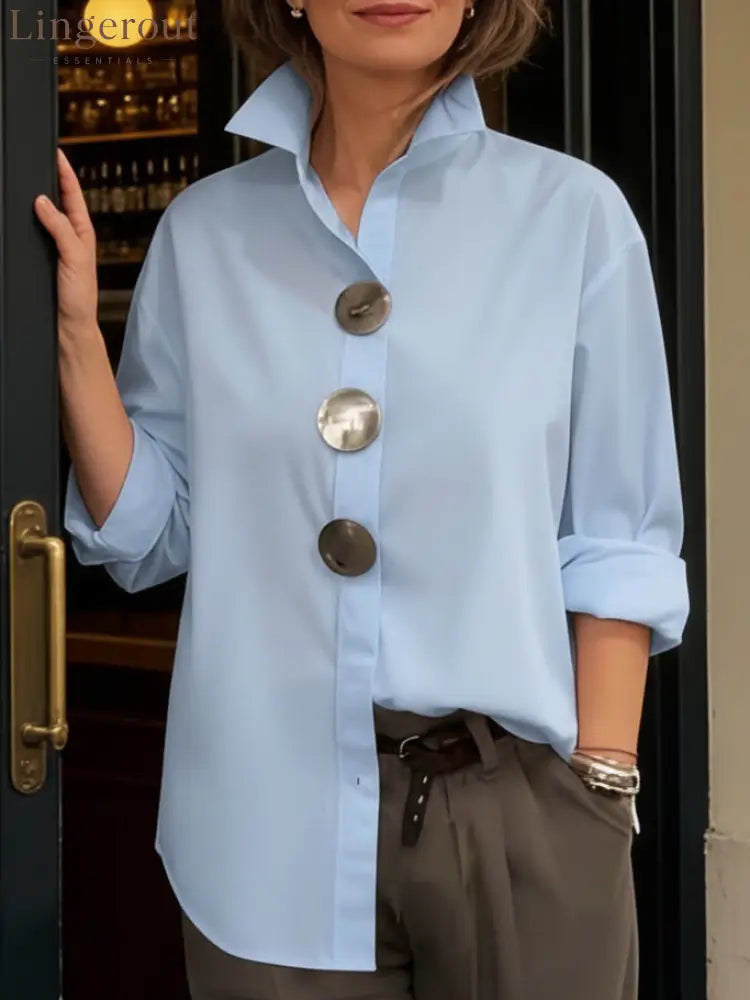 Elegant Stand-collar Metal Buttons Cotton Linen Blouse - Blue / S