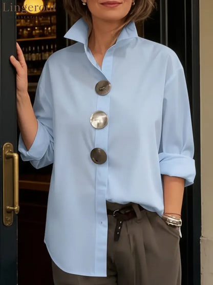 Elegant Stand-collar Metal Buttons Cotton Linen Blouse - Blue / S