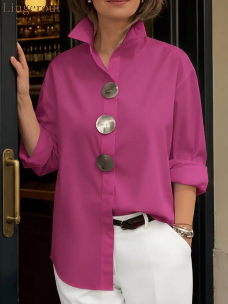 Elegant Stand-collar Metal Buttons Cotton Linen Blouse - Pink / S