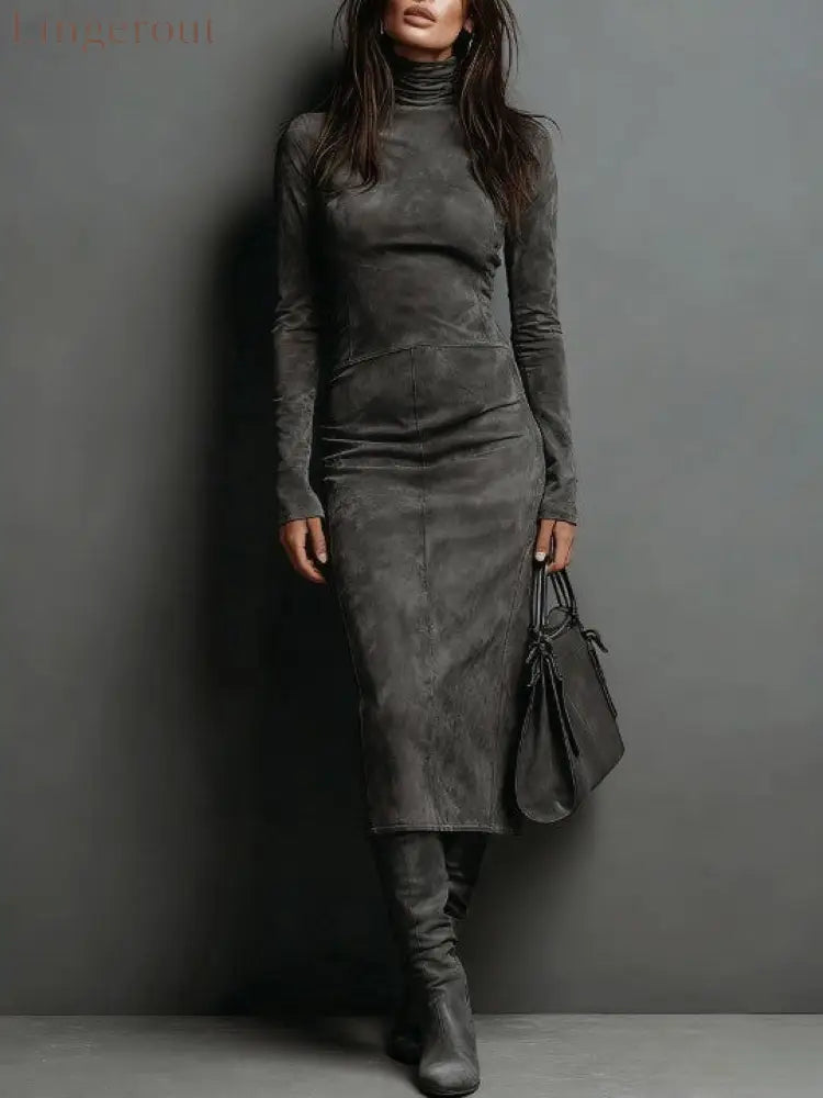 Elegant Suede Maxi Dress - Dark Gray / XS