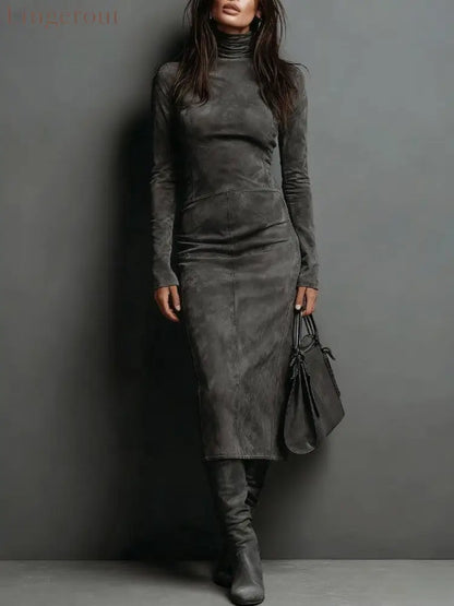 Elegant Suede Maxi Dress - Dark Gray / XS