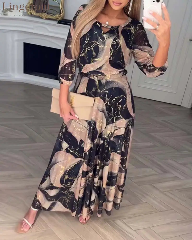 Elegant Three-Quarter Sleeve Printed Waist Dress - Black / S
