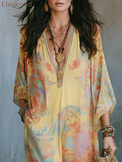 Elegant Vacation Golden Sunset Boho Oversized Caftan Maxi Dress