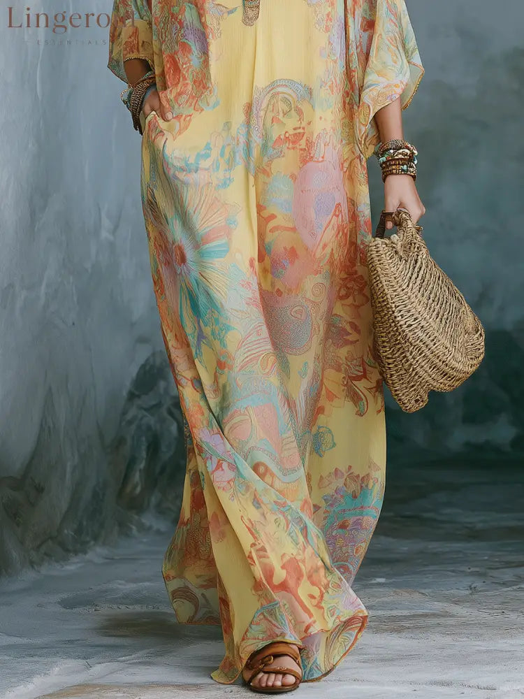 Elegant Vacation Golden Sunset Boho Oversized Caftan Maxi Dress