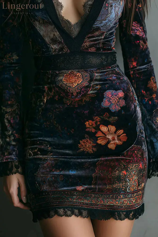 Elegant Velvet Floral Print V-neck Long-sleeved Slim-fit Mini Dress