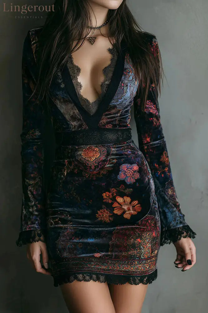 Elegant Velvet Floral Print V-neck Long-sleeved Slim-fit Mini Dress - Navy blue / S
