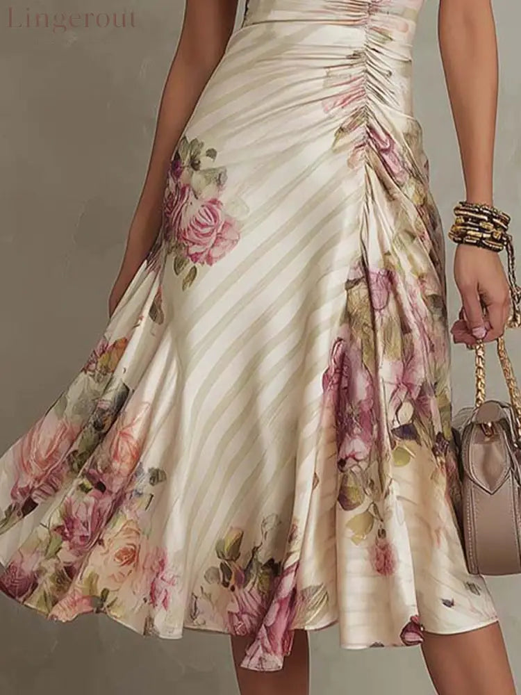 Elegant Vintage Floral Chiffon Midi Dress