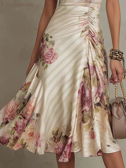 Elegant Vintage Floral Chiffon Midi Dress