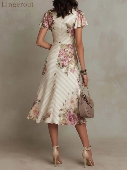 Elegant Vintage Floral Chiffon Midi Dress