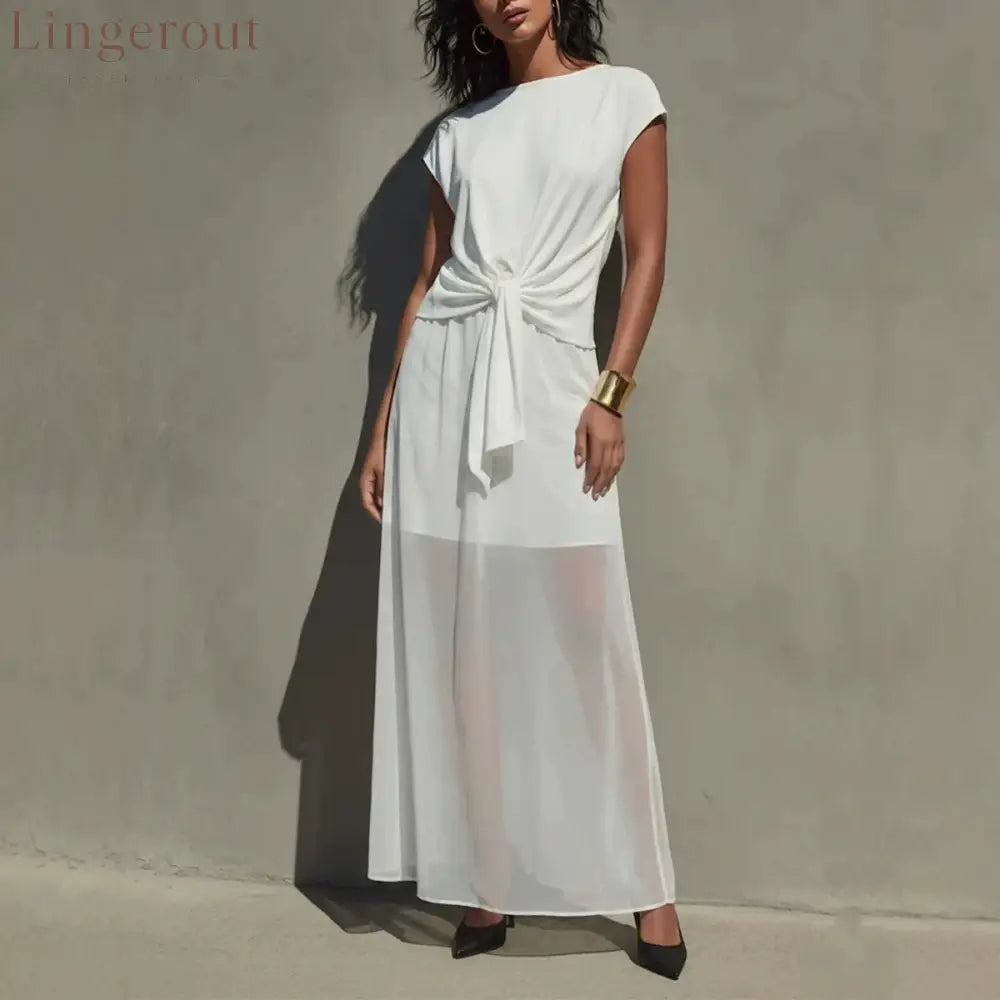 Elegant White Twist-Front Semi-Sheer Maxi Dress