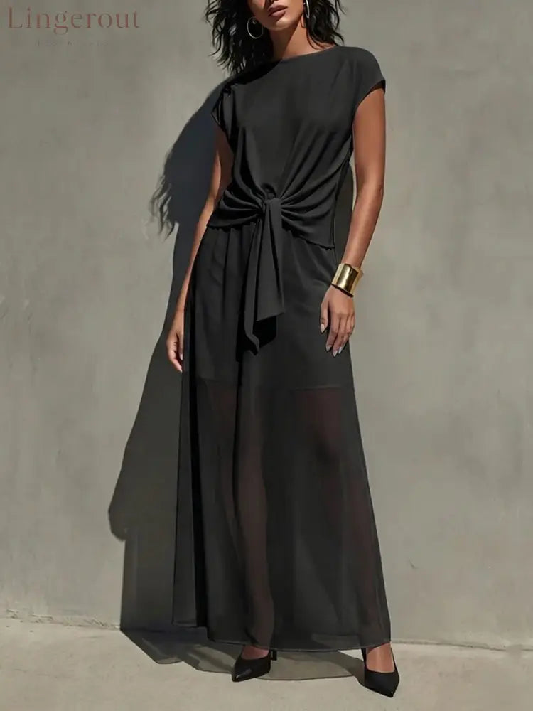 Elegant White Twist-Front Semi-Sheer Maxi Dress - Black / S