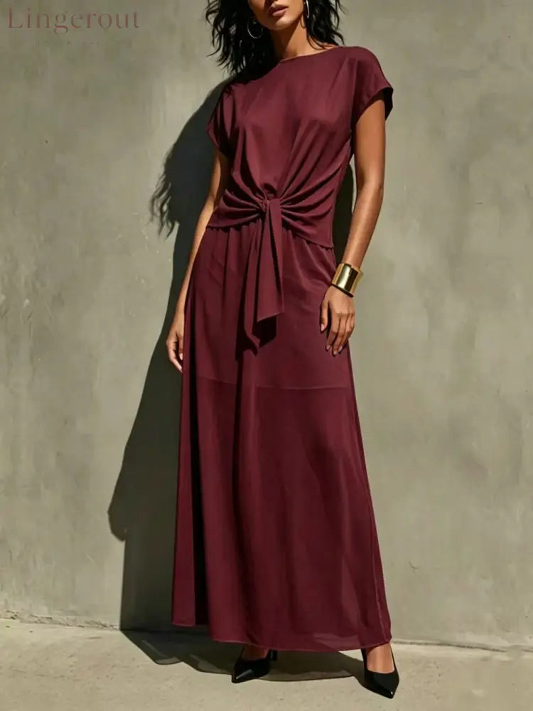 Elegant White Twist-Front Semi-Sheer Maxi Dress - Burgundy / S