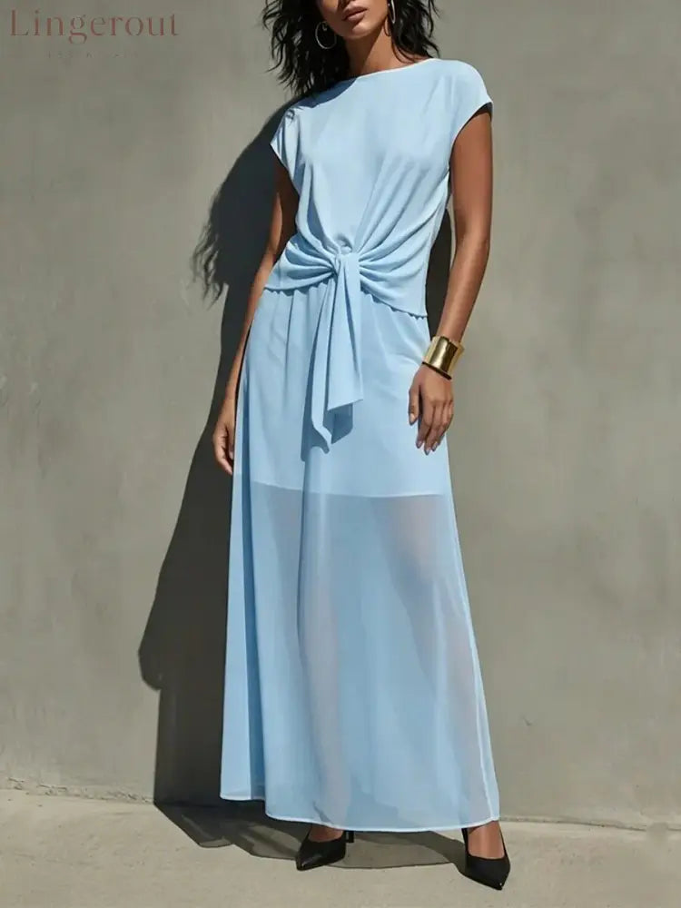 Elegant White Twist-Front Semi-Sheer Maxi Dress - Light blue / S
