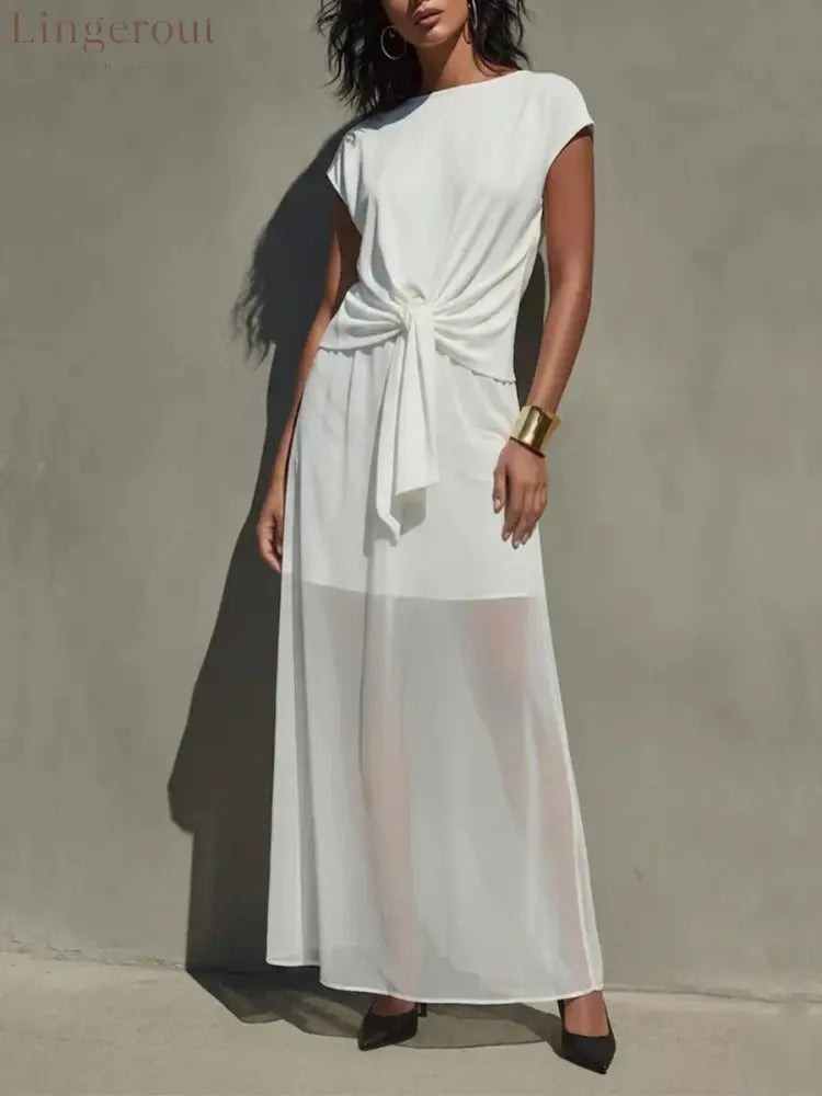 Elegant White Twist-Front Semi-Sheer Maxi Dress - White / S