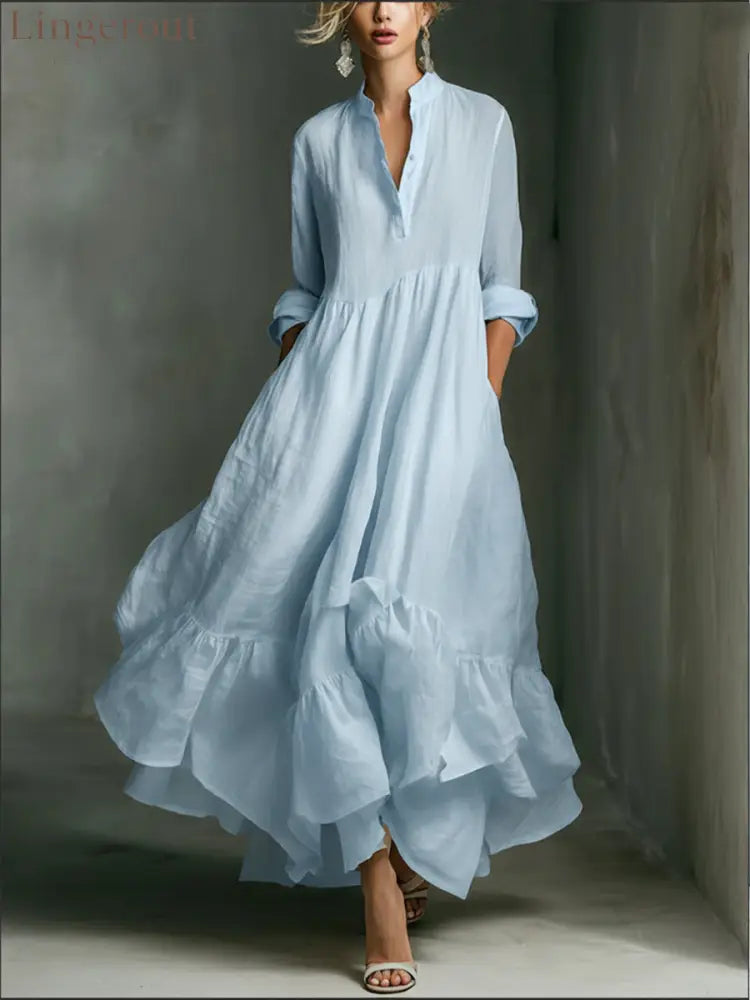 Elegant Women’s Printed Maxi Dress With Ruffle Details. - LightBlue / S