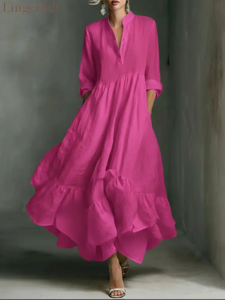 Elegant Women’s Printed Maxi Dress With Ruffle Details. - RoseRed / S