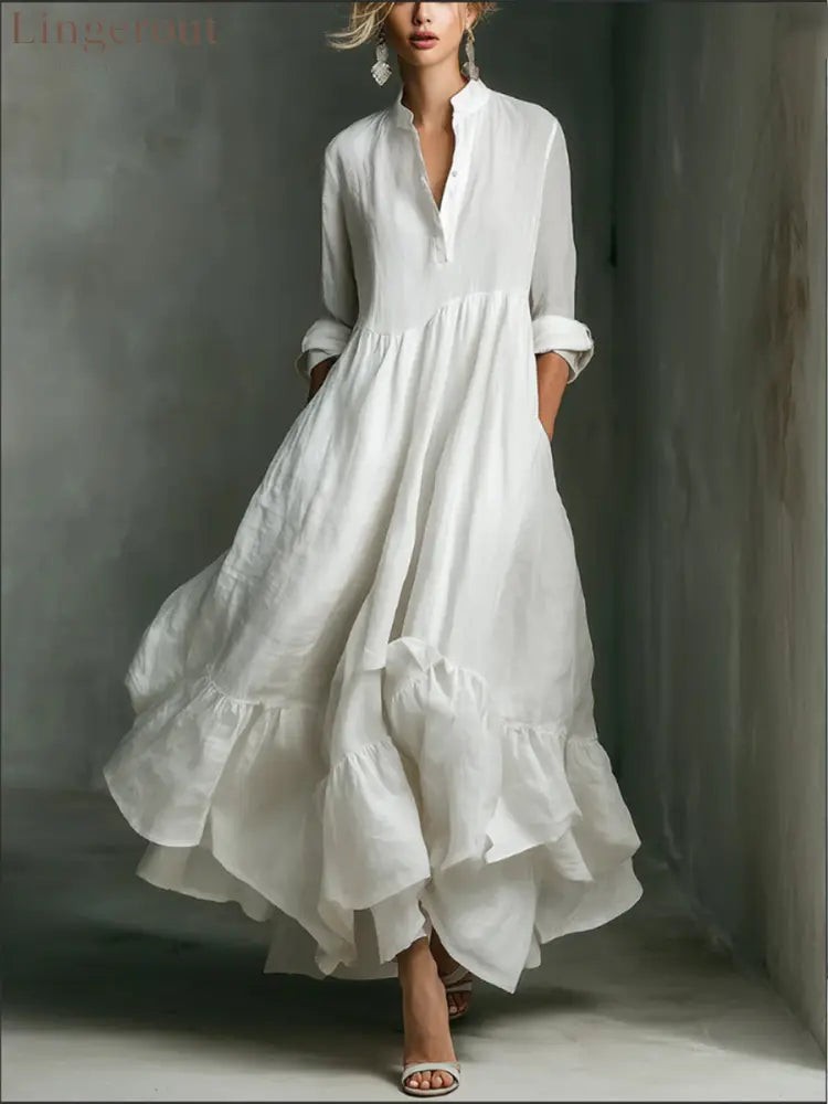 Elegant Women’s Printed Maxi Dress With Ruffle Details. - White / S