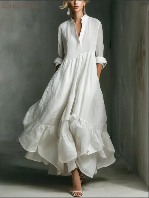 Elegant Women’s Printed Maxi Dress With Ruffle Details. - White / S