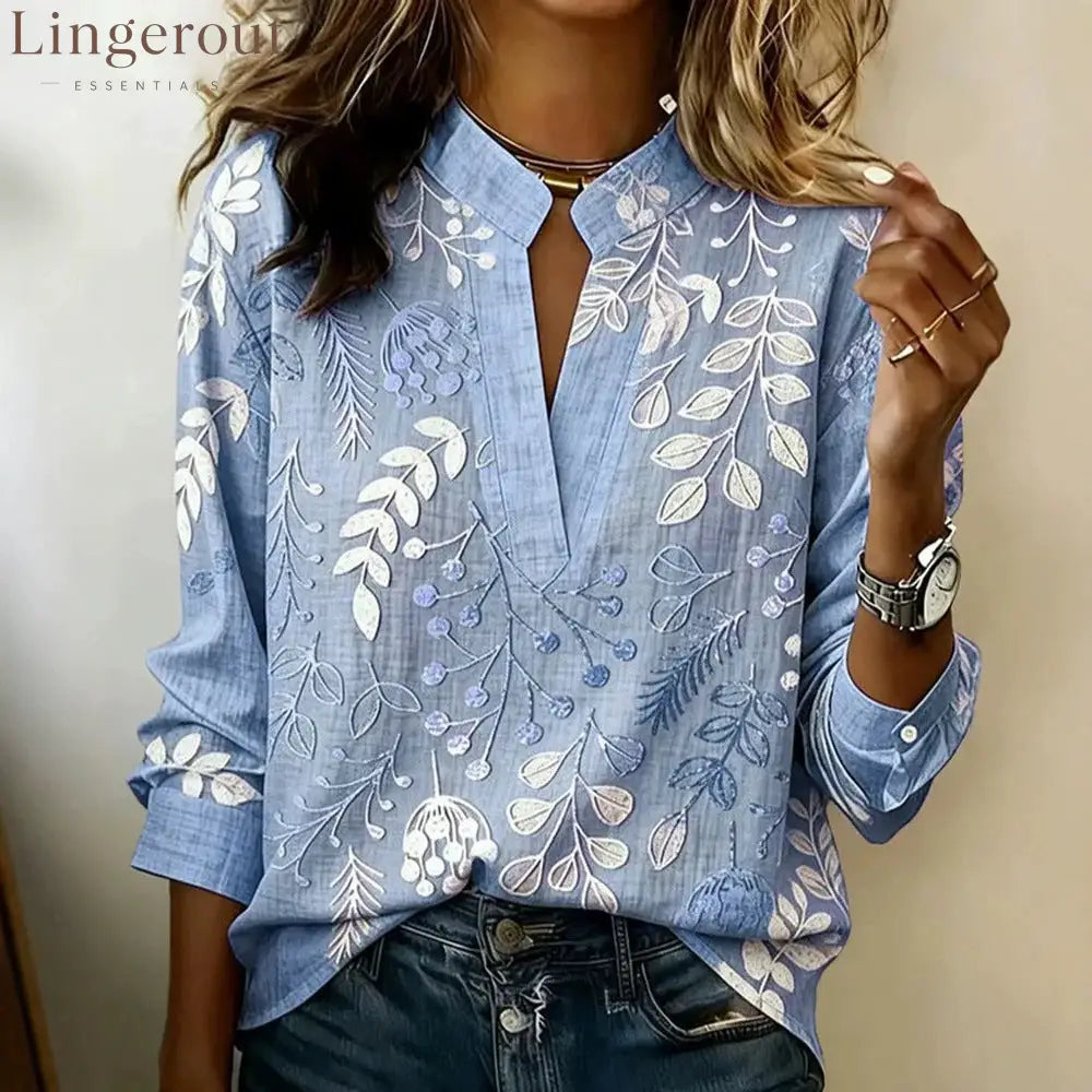 Embroidered Floral Split-Neck Blouse - Blue / S
