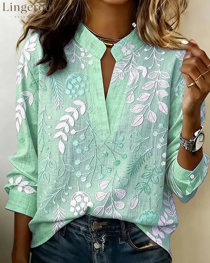 Embroidered Floral Split-Neck Blouse - Green / S